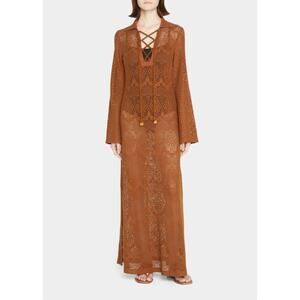 Jonathan Simkhai Swim Zariah Brown Crochet Lace-Up Coverup Maxi Dress Size Small